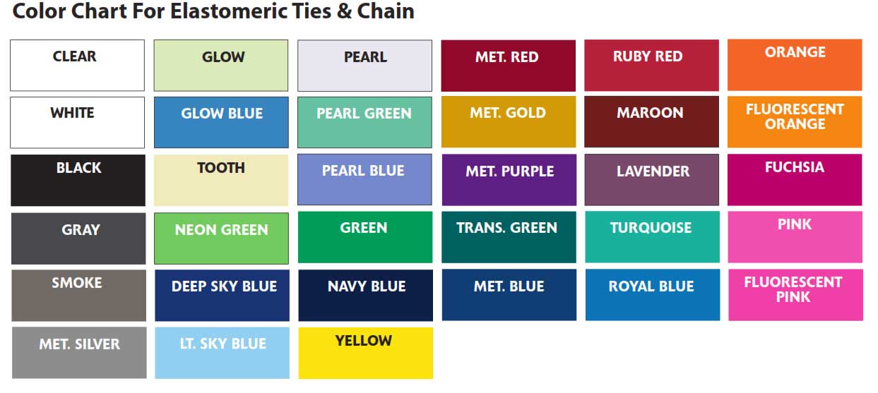 G&H Orthopedic E-Chain elastic chain in various colors, 15 feet long, used for orthodontic or medical support applications.