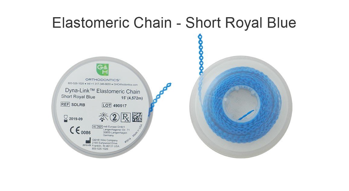G&H Ortho E-Chain 15 ft. elastic orthodontic chain for dental braces, showing the flexible clear plastic chain in the image.