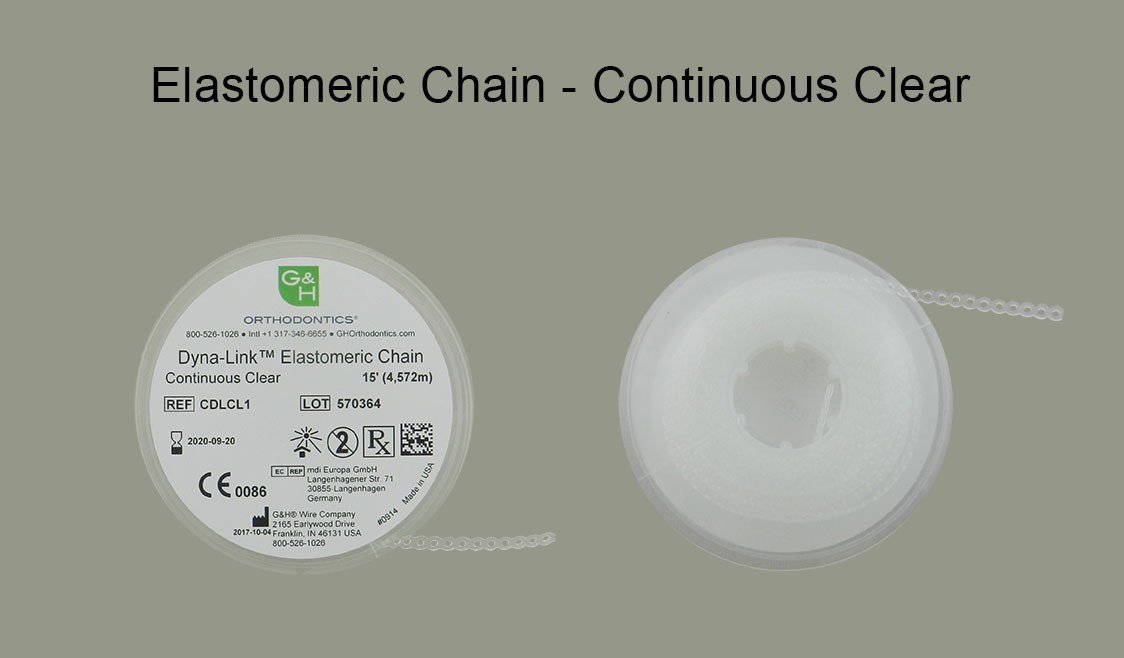 G&H Ortho E-Chain elastic chain, 15 ft, flexible orthodontic chain for dental appliance adjustments, shown in the image.