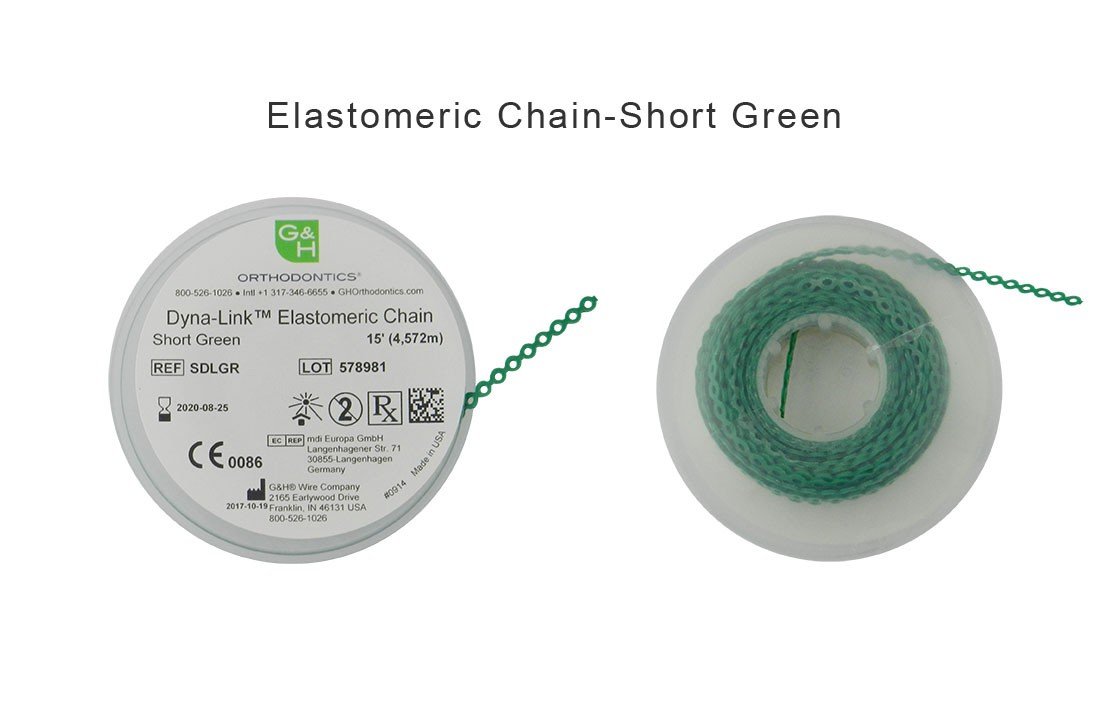 G&H Ortho elastic E-Chain, 15 ft length, flexible orthodontic chain with colorful elastic links for dental orthodontic use.
