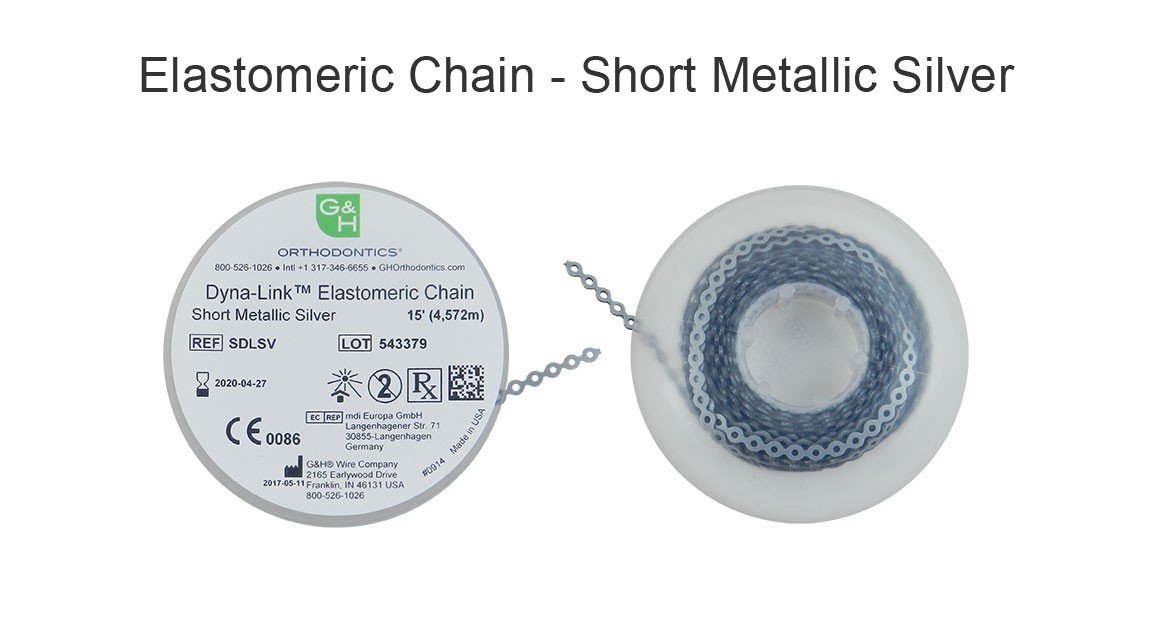G&H Ortho E-Chain elastic chain, 15 ft, for orthodontic treatment, shown hanging with elastic segments and metal connectors.