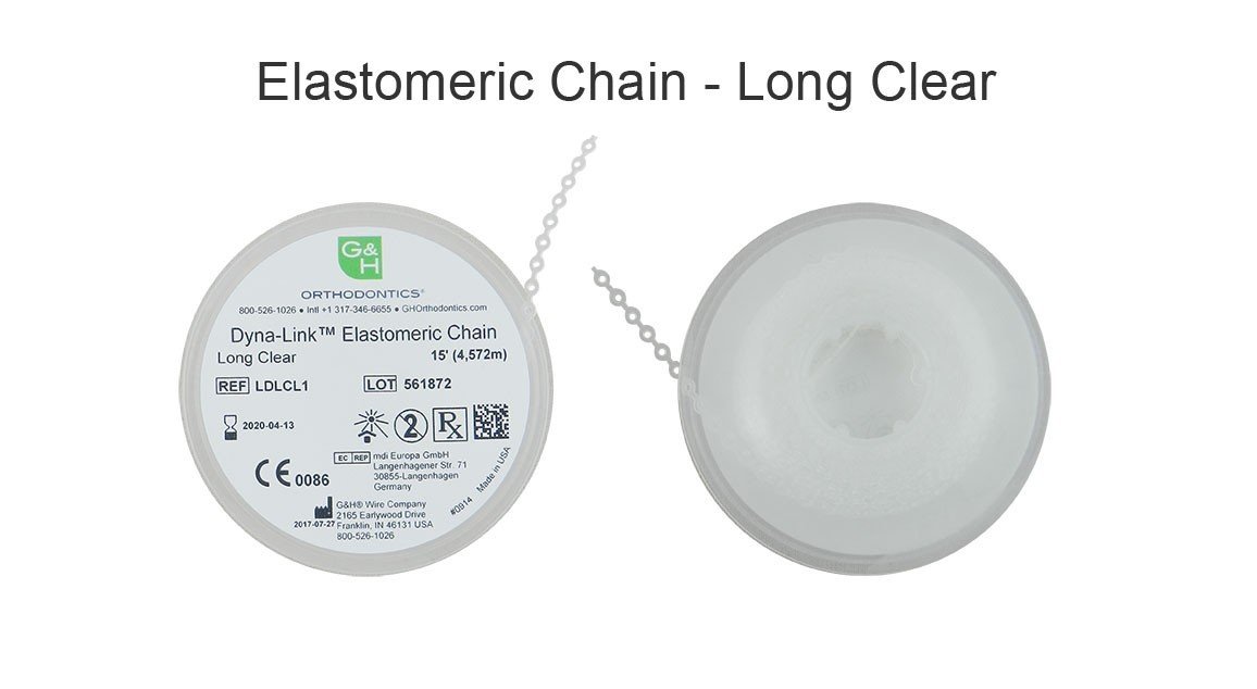 G&H Ortho E-Chain elastic chain, 15 ft length, flexible orthodontic chain with small elastic links for dental treatment.
