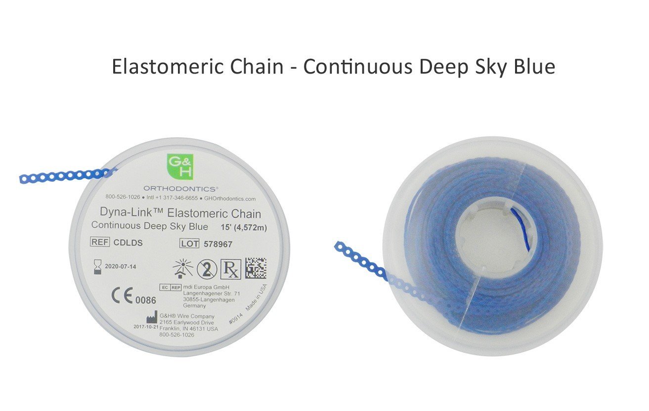G&H Ortho E-Chain elastic chain, 15 ft length, flexible orthodontic accessory with interconnected links for dental use.