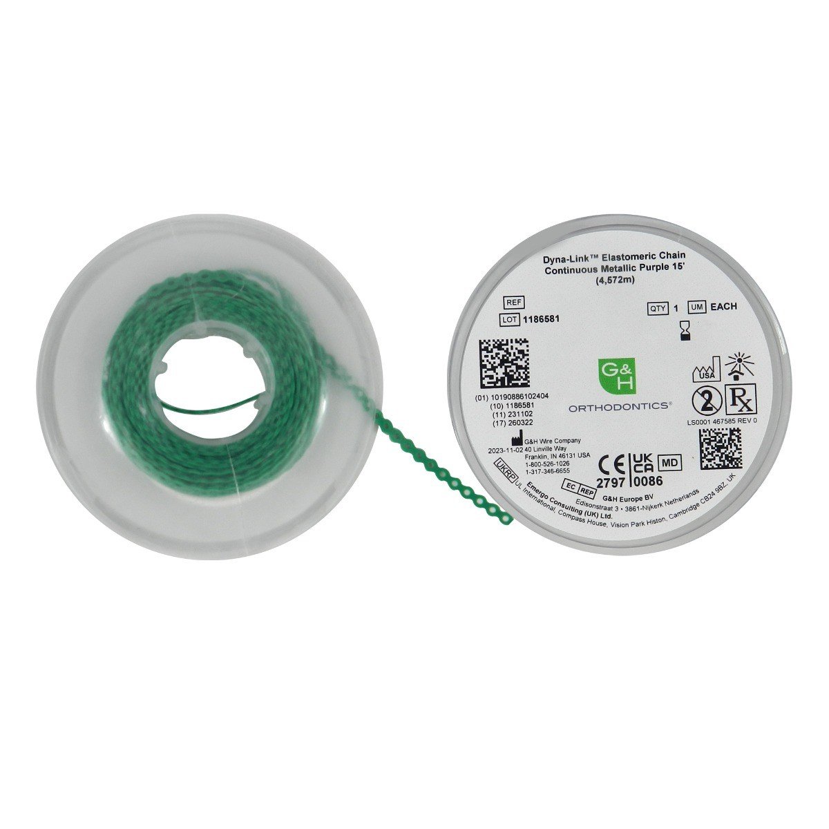 G&H Ortho E-Chain elastic chain, 15 ft length, flexible orthodontic chain for dental applications, shown in the main image