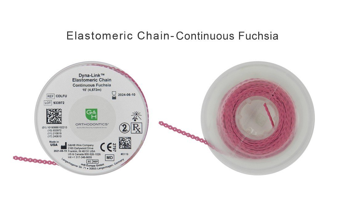 G&H Ortho E-Chain elastic chain, 15 ft length, flexible orthodontic chain with colorful elastic links on a white background.