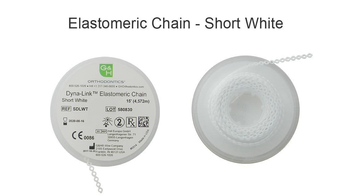 G&H Ortho E-Chain 15 ft. elastic chain for orthodontic use, shown in the image with flexible, linked design on a neutral background.