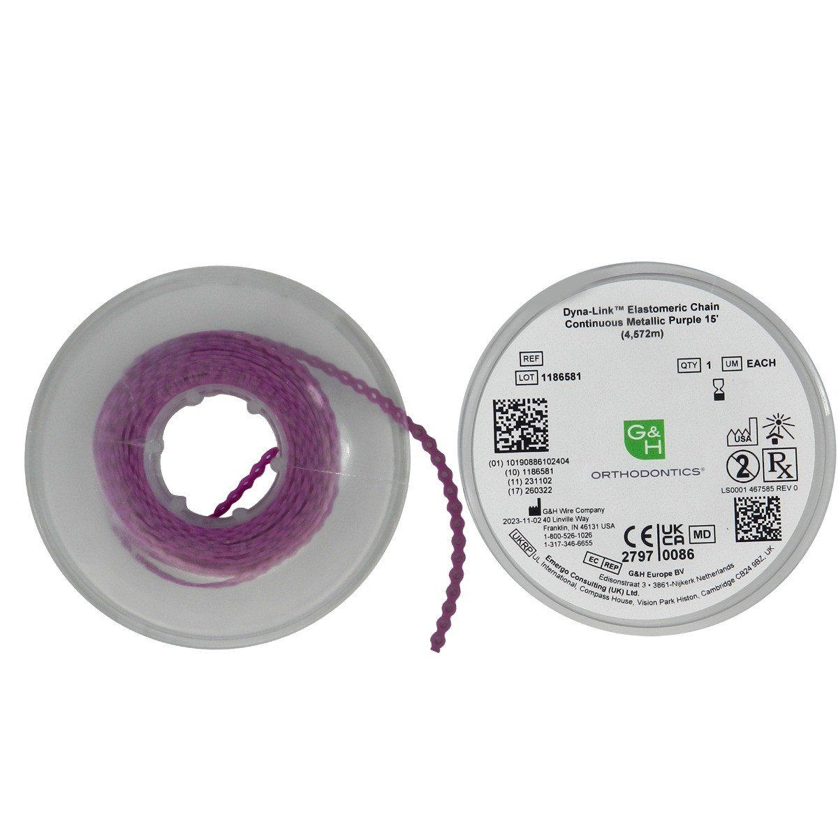 G&H Orthodontics elastic E-Chain, 15 ft. length, flexible orthodontic chain used for dental orthodontic treatments.