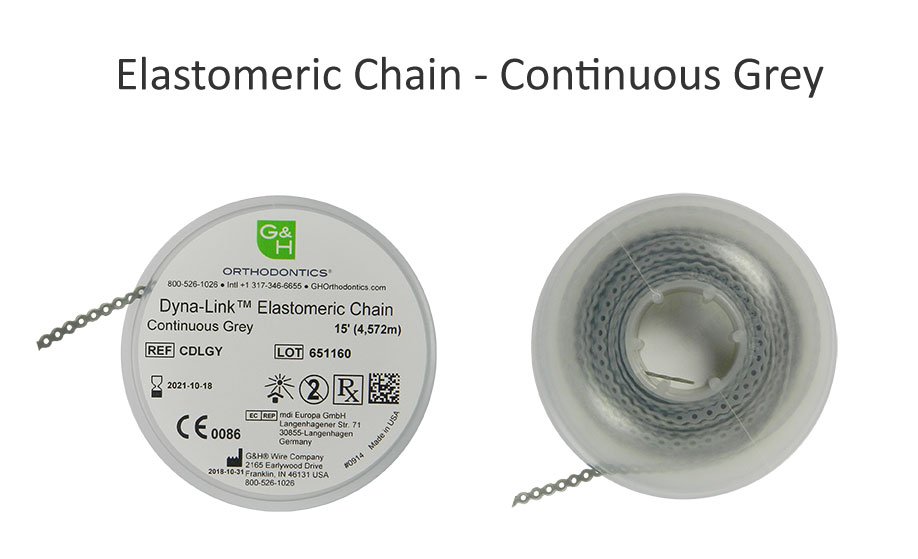 G&H Ortho E-Chain 15 ft. elastic chain shown coiled, durable orthodontic elastic chain for dental use.