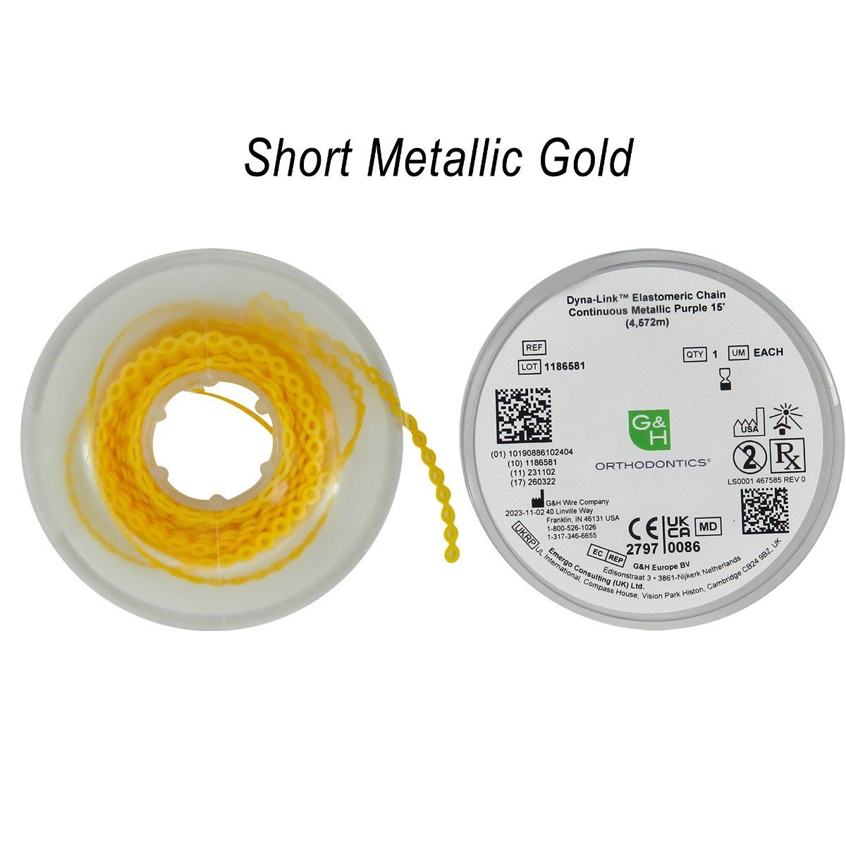 G&H Ortho E-Chain Elastic Chain, 15 ft, flexible orthodontic elastic chain with colorful links for dental treatment.