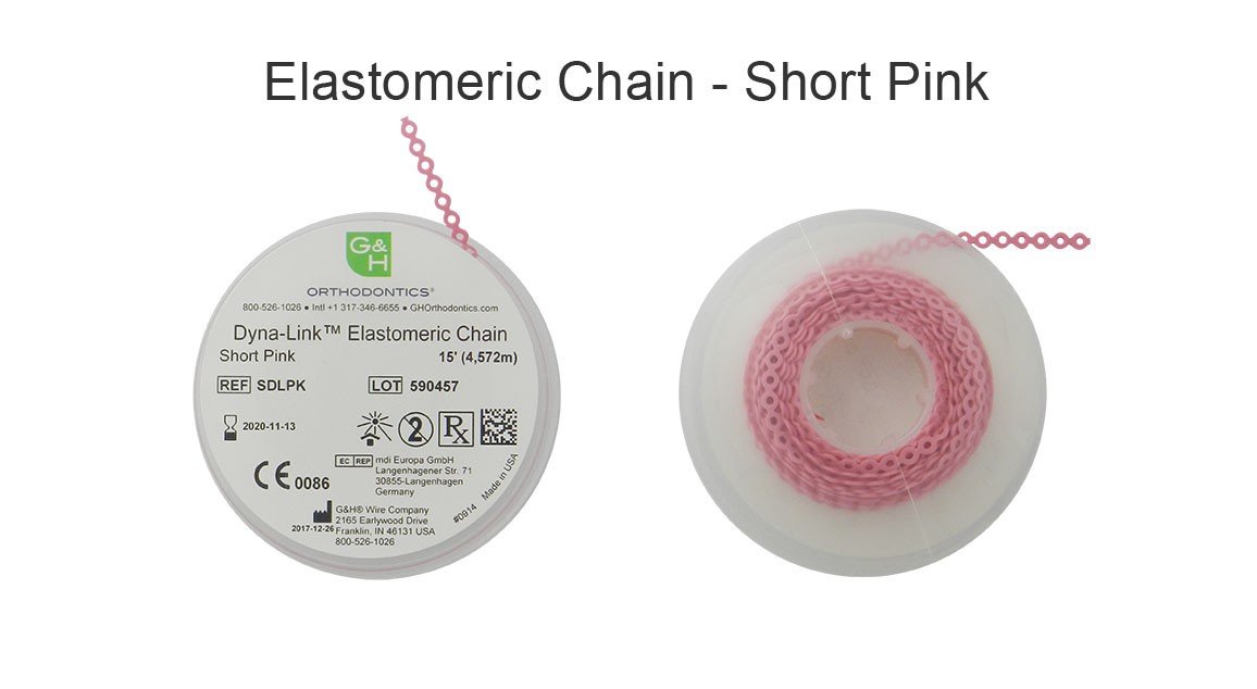 G&H Ortho E-Chain elastic chain, 15 feet long, with flexible, durable orthodontic elastic chain visible in close-up image.