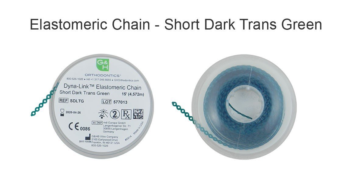 G&H Ortho E-Chain elastic chain, 15 ft length, flexible orthodontic chain for dental appliances, shown laid out flat.