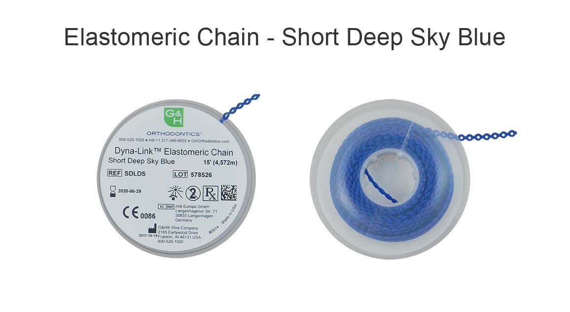 G&H Ortho E-Chain elastic chain 15 ft. shown coiled with multiple elastic links for orthodontic use