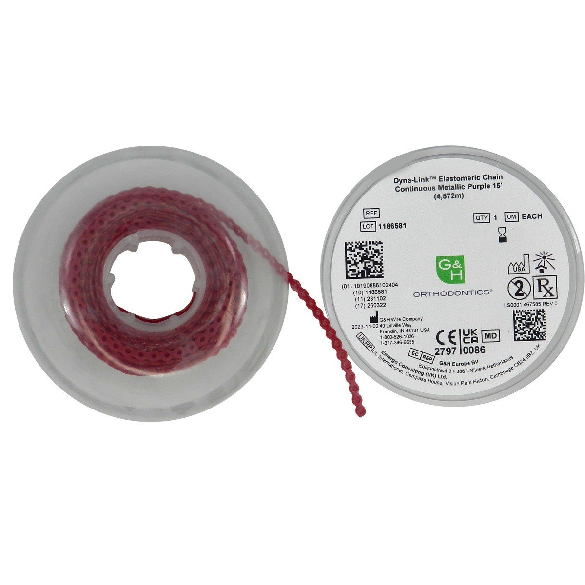 G&H Ortho E-Chain elastic chain, 15 ft, flexible orthodontic accessory with interconnected elastic loops for dental use.