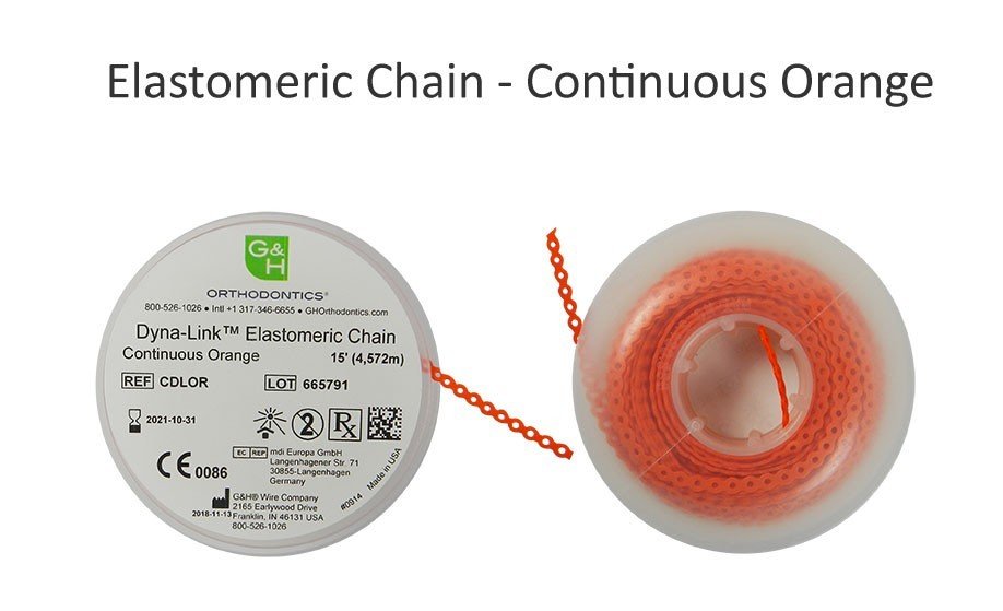 G&H Ortho E-Chain elastic chain, 15 ft length, shown in natural color, used for orthodontic or dental applications.