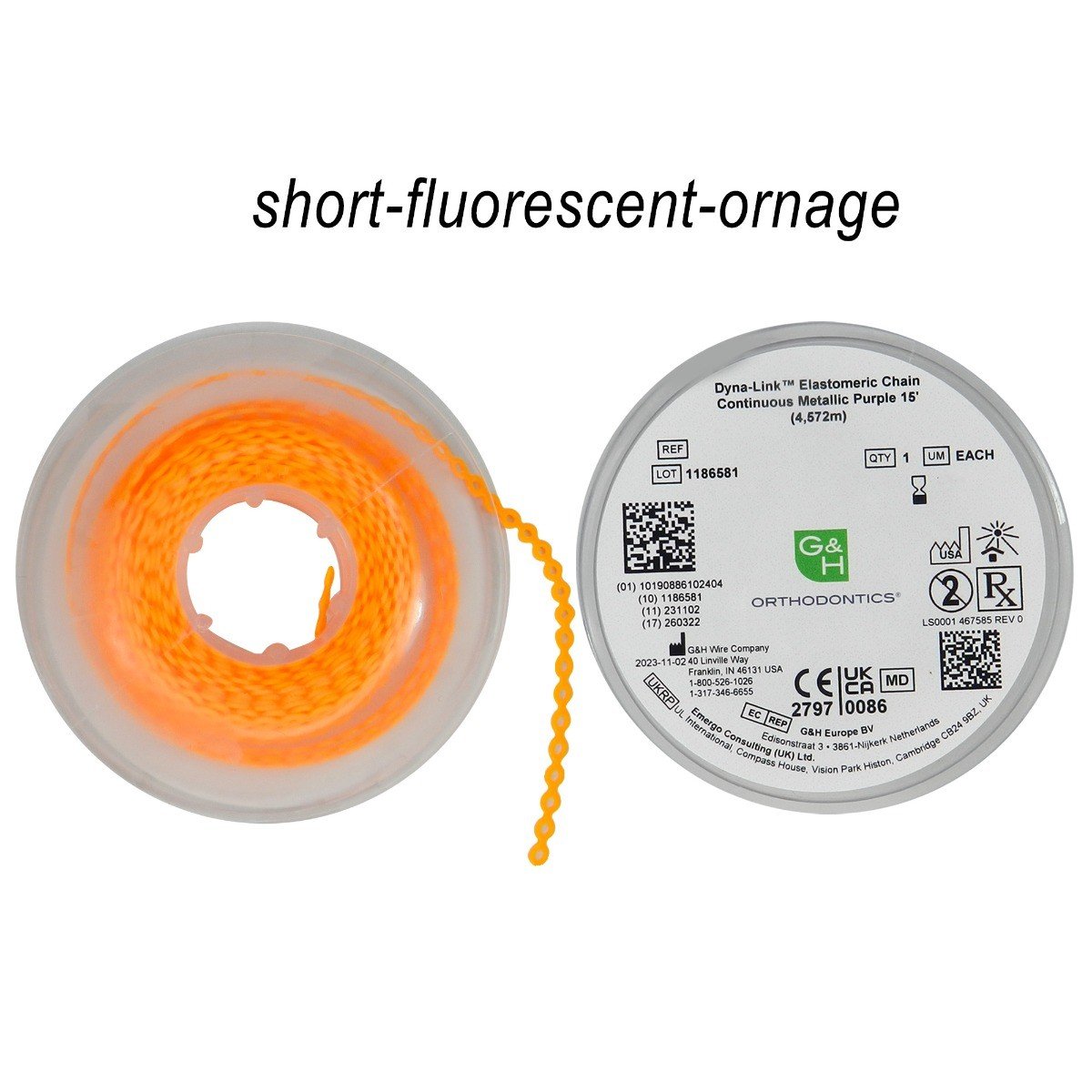 G&H Ortho E-Chain elastic chain, 15 ft, flexible orthodontic chain showing interconnected elastic links for dental use