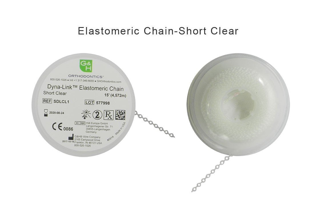 G&H Orthodontic E-Chain, 15 ft elastic chain used in orthodontics, shown in the image with flexible, colorful elastic links.