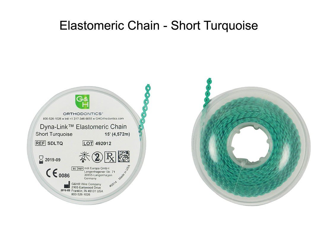 G&H Ortho E-Chain elastic chain, 15 ft length, shown in new1_3_1_1.jpg, flexible orthodontic elastic chain for dental treatments.
