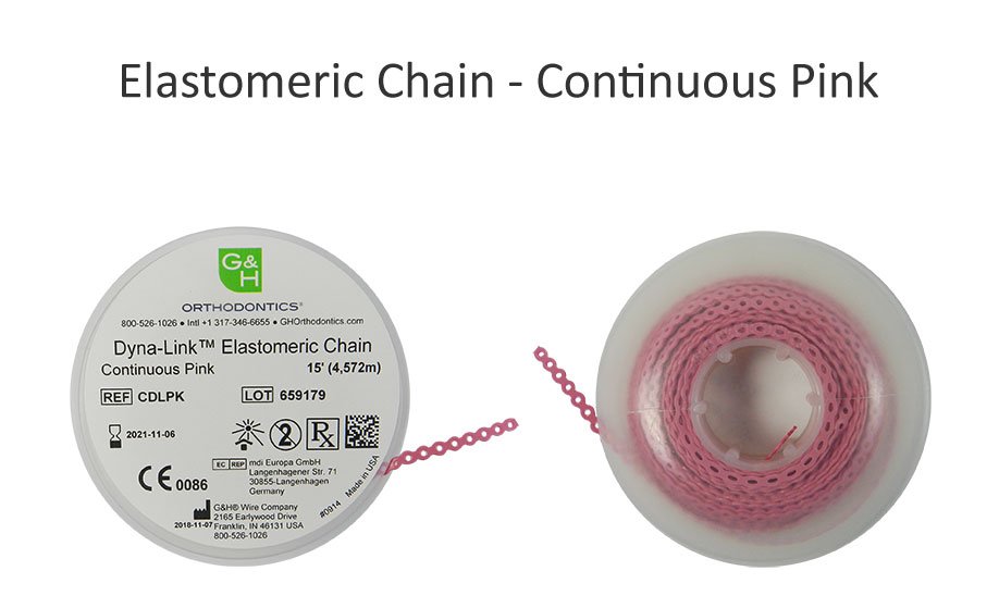 G&H Ortho elastic E-chain, 15 ft. dental orthodontic chain used for tooth movement and space closure in orthodontics.