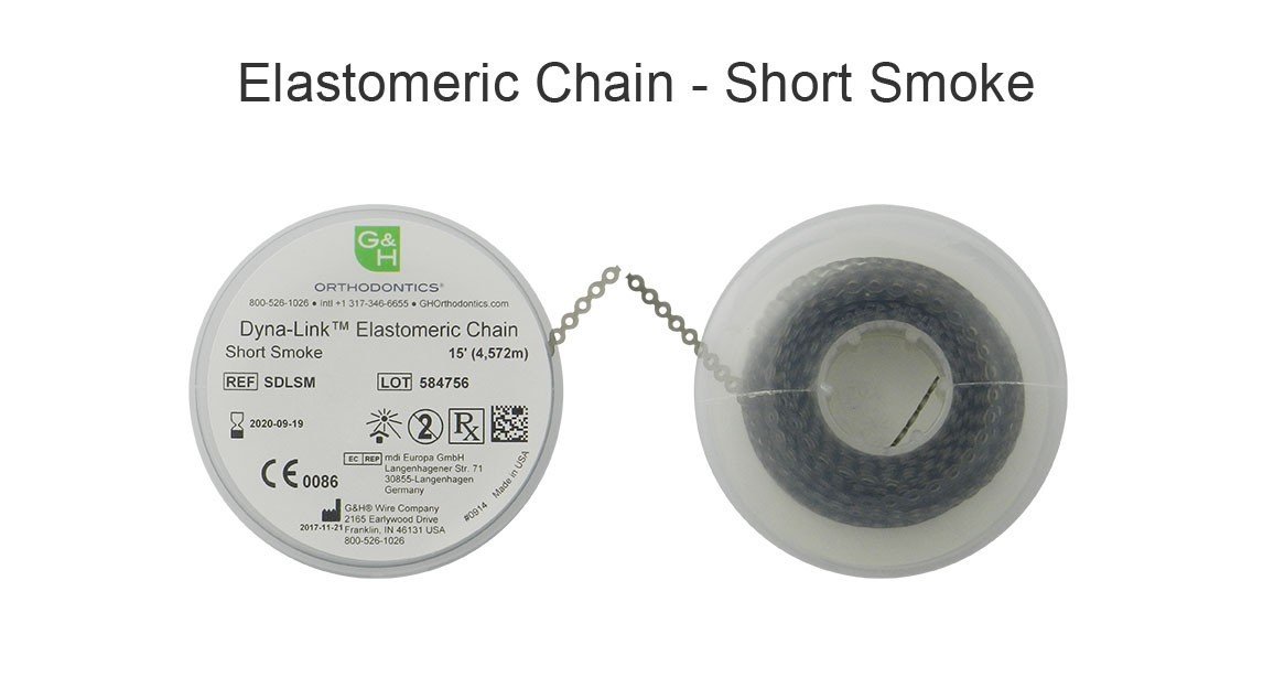 G&H Ortho E-Chain elastic chain, 15 feet long, with flexible, interconnected links for orthodontic use, shown in the image.
