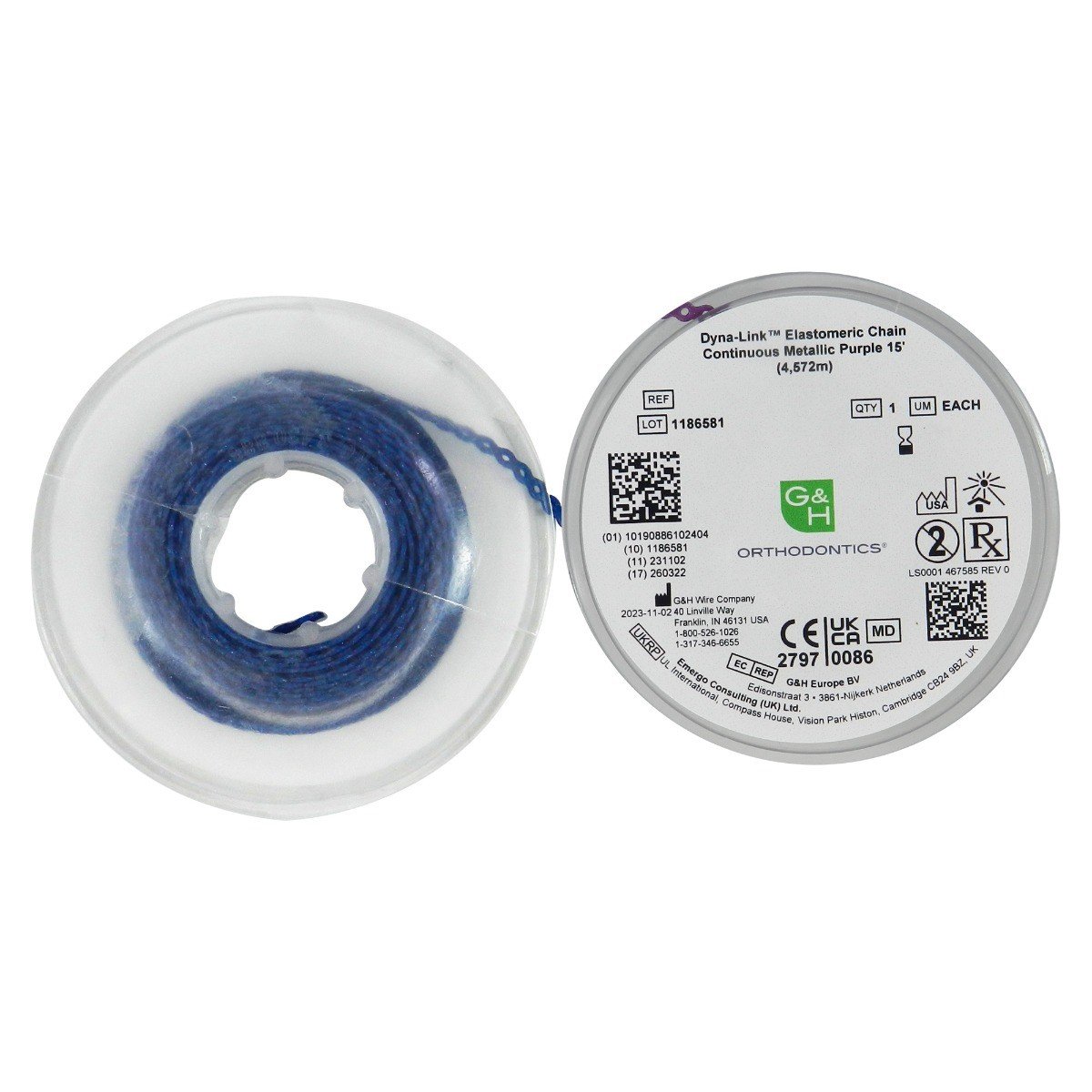G&H Ortho E-Chain elastic chain, 15 ft length, showing flexible, coiled orthodontic chain on a white background