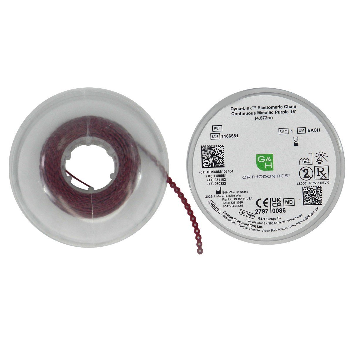 G&H Ortho E-Chain elastic chain, 15 ft length, flexible orthodontic chain with interconnected links for dental appliance adjustment.