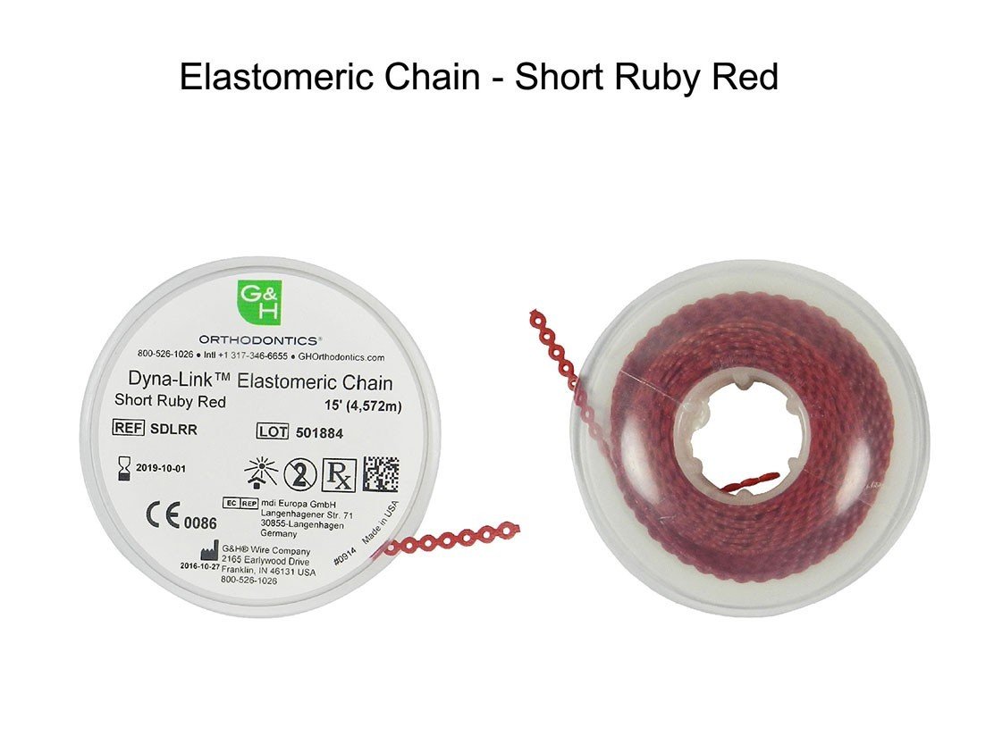 G&H Ortho elastic E-Chain, 15 ft. length, flexible orthodontic elastic chain for dental braces, shown in the image.