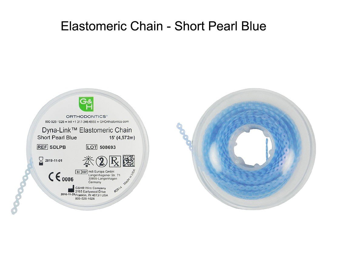 G&H Ortho elastic E-chain, 15 ft. orthodontic chain for braces, shown in a close-up view with flexible, coiled design.