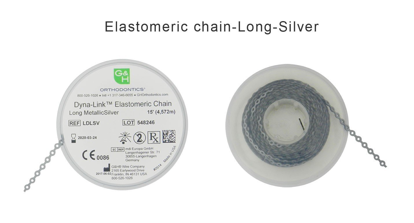G&H Ortho 15 ft. elastic E-chain, flexible orthodontic power chain for dental treatment, shown in the image.