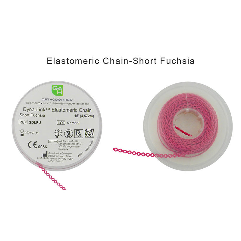 G&H Ortho E-Chain elastic chain, 15 feet long, with flexible, interconnected rubber loops for orthodontic or dental applications.