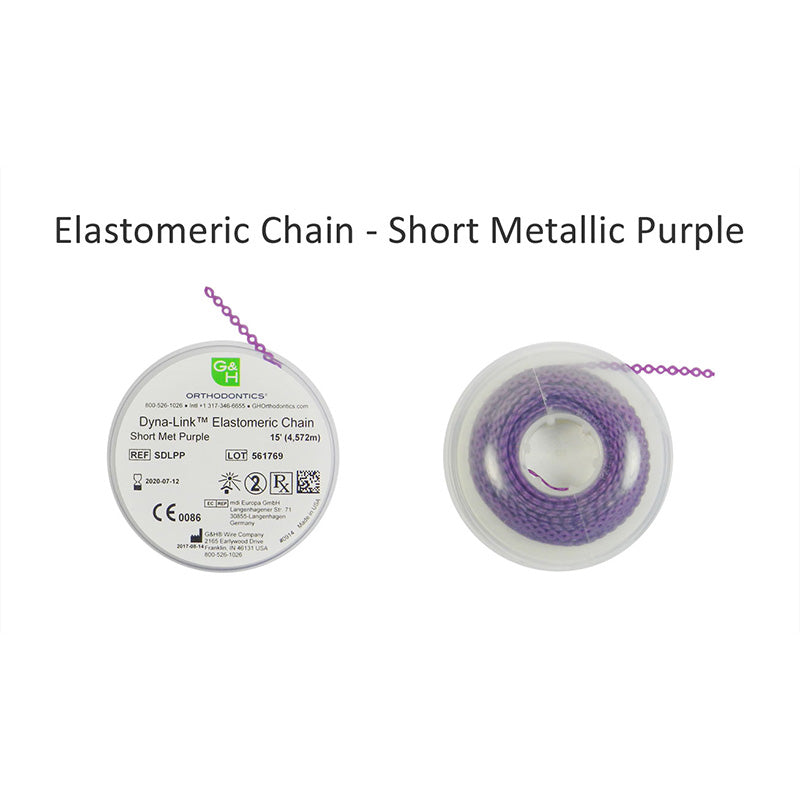 G&H Ortho E-Chain elastic chain, 15 ft length, showing flexible, durable orthodontic chain with metal clips for braces.