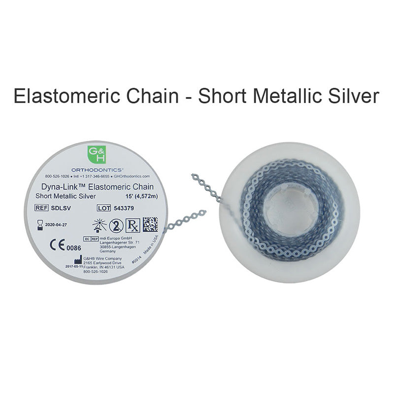 G&H Ortho E-Chain elastic chain, 15 ft length, flexible medical tubing with multiple loops, used for orthodontic or medical applications