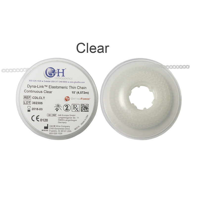 G&H Ortho E-Chain elastic chain, 15 ft, flexible orthodontic accessory with clear elastic links for orthodontic treatment