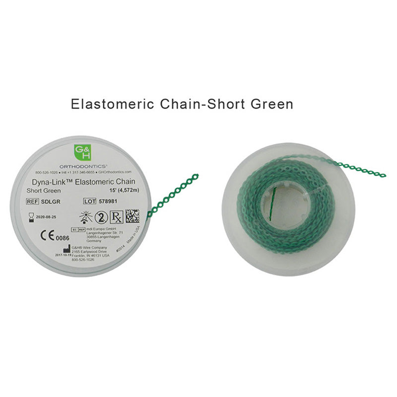 G&H Ortho E-Chain elastic chain, 15 ft length, flexible orthodontic chain with interconnected elastic links for dental use.