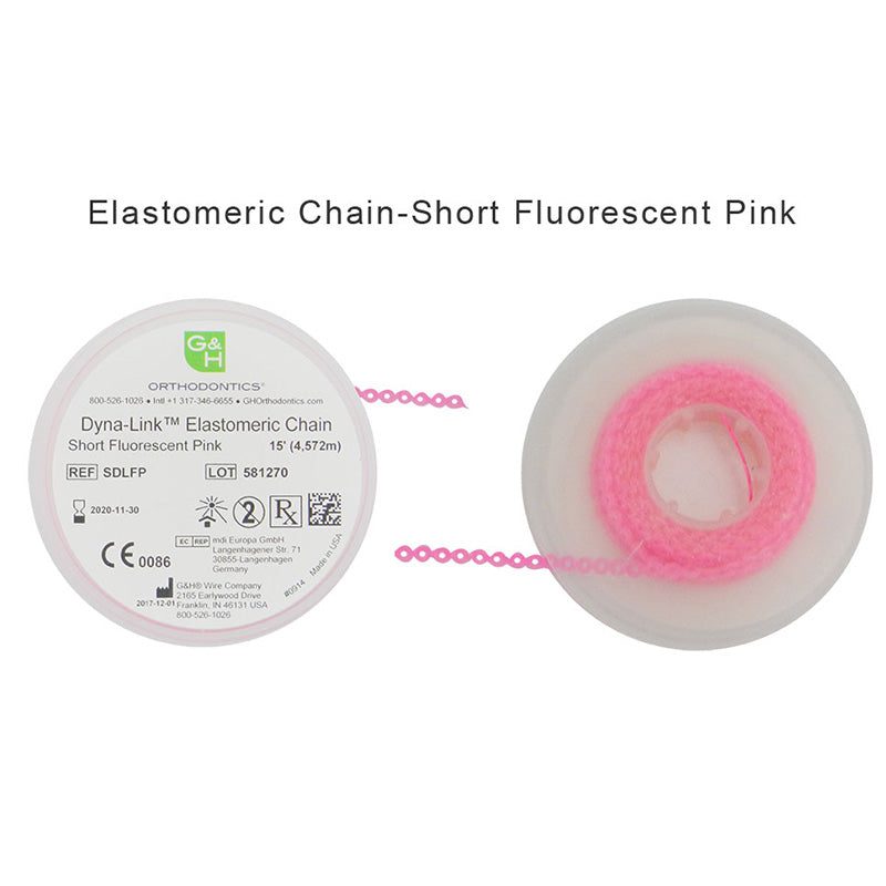 G&H Ortho elastic E-chain, 15 ft. long, flexible orthodontic chain with interconnected links for dental appliance use.