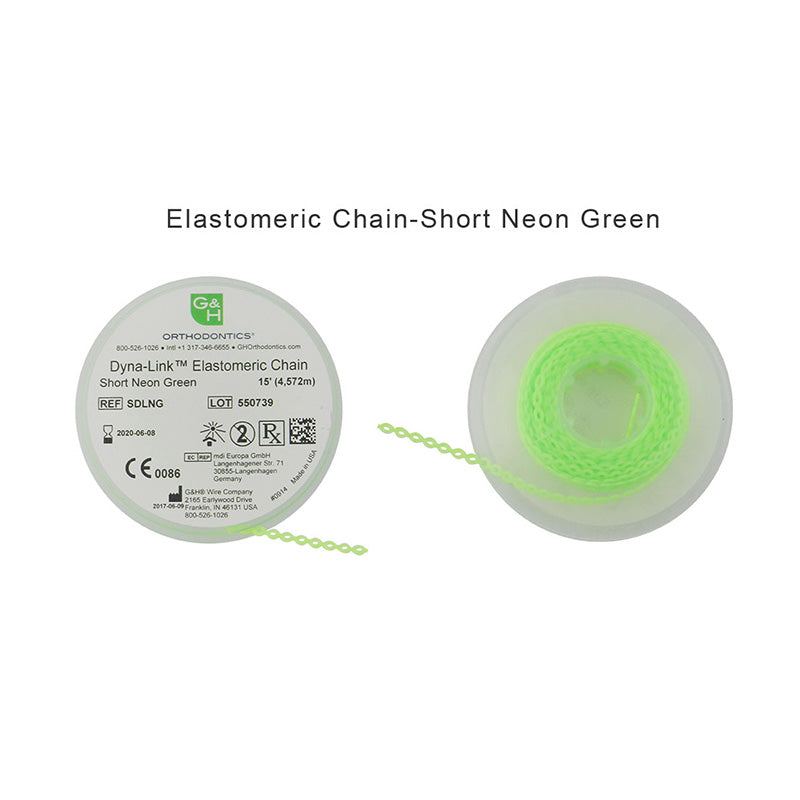 G&H Ortho elastic E-chain, 15-foot length, flexible orthodontic chain with elastic links for dental appliance adjustment.