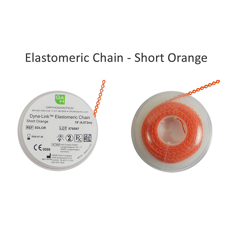 G&H Ortho elastic E-chain, 15 ft length, flexible orthodontic chain with colorful rubber links for dental alignment.