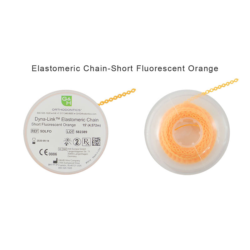 G&H Orthopedics elastic E-chain, 15 ft, flexible orthodontic chain for dental or orthodontic use, shown in the image.