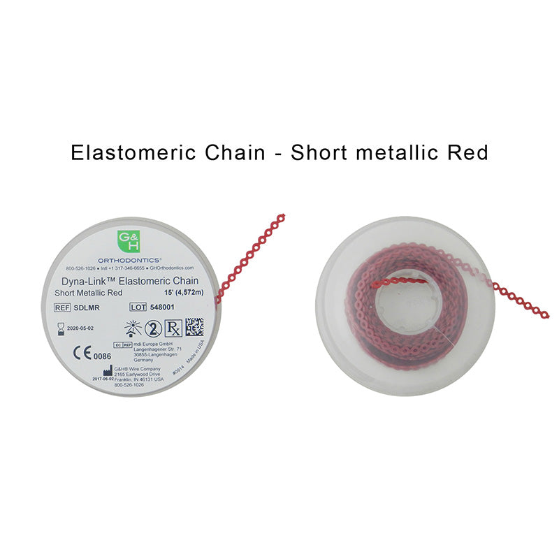 G&H Ortho E-Chain elastic chain, 15 ft length, with interconnected flexible links for orthodontic use, shown in a close-up image.