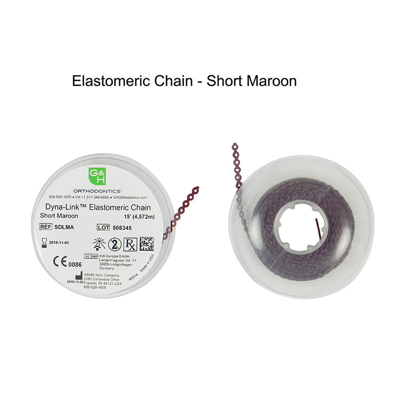 G&H Ortho elastic E-chain, 15 ft., flexible orthodontic chain with evenly spaced links for dental braces appliance use.