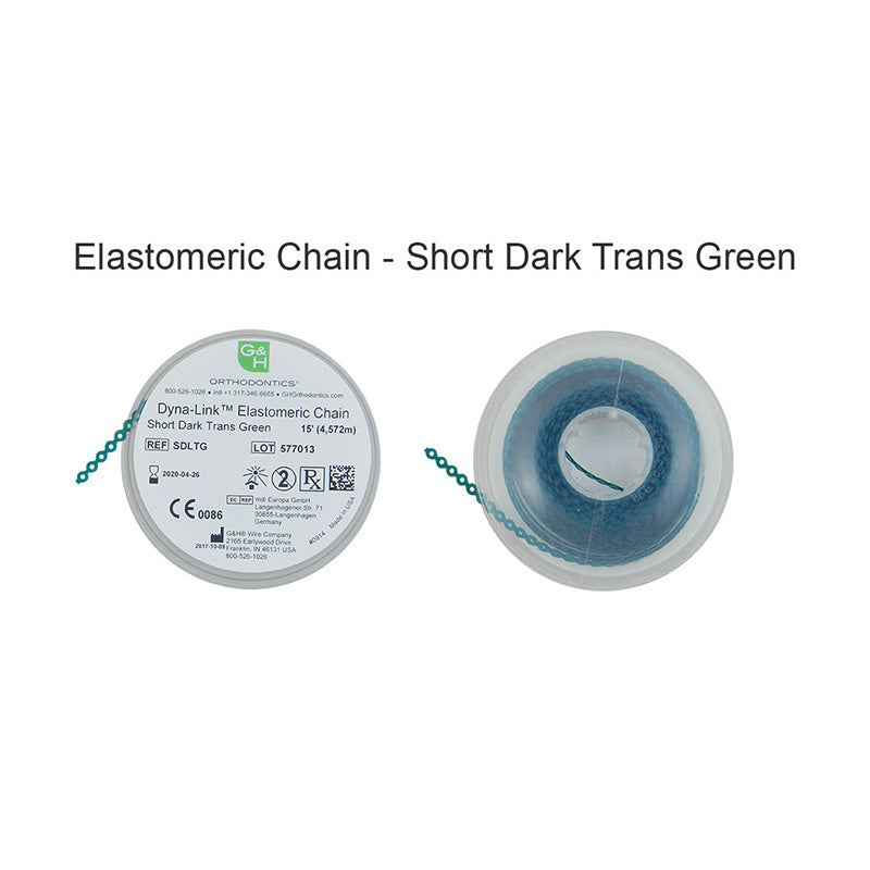 G&H Ortho elastic E-chain, 15 ft. length, flexible orthodontic chain used for dental arch correction, shown in the image.