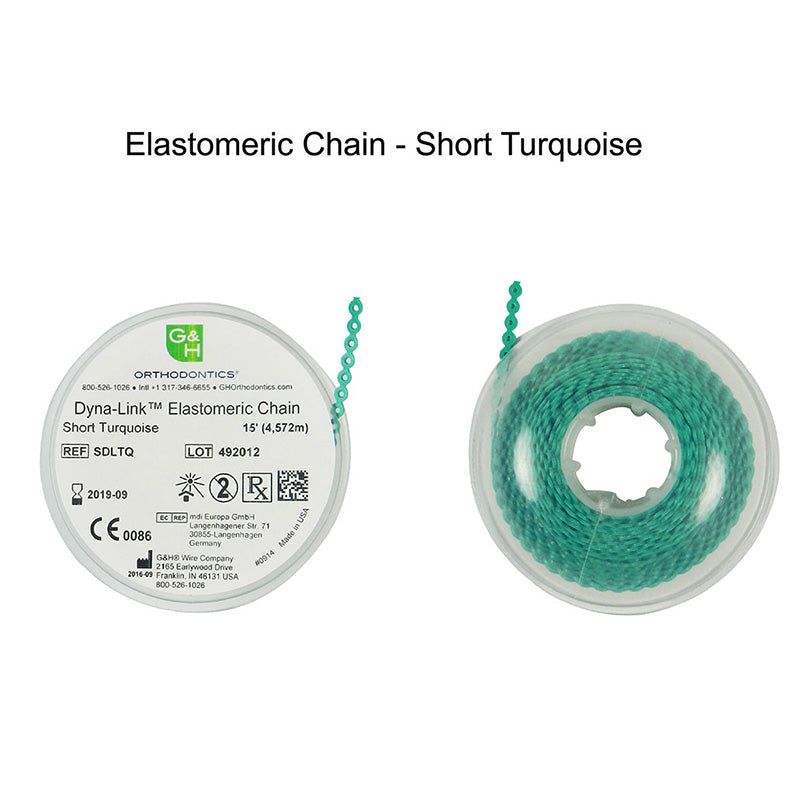 G&H Ortho E-Chain Elastic Chain, 15 ft, flexible orthodontic chain with colorful elastic links on a white background.