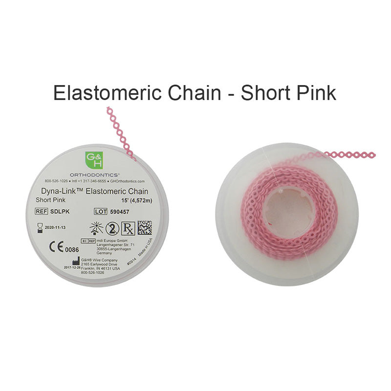 G&H Ortho E-Chain elastic chain, 15 ft, with flexible loops for orthodontic or dental applications displayed in the image.