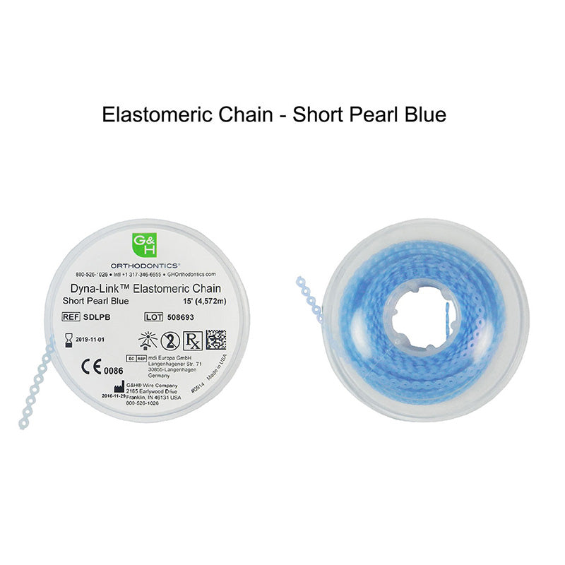 G&H Orthopedic E-Chain Elastic Chain 15 ft. in blue, flexible orthodontic chain for dental braces and orthodontic treatments.