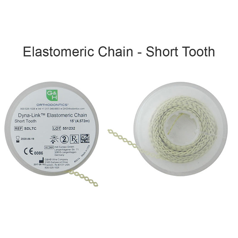 G&H Ortho elastic E-Chain, 15 ft, flexible orthodontic chain used for dental applications, shown in the image.