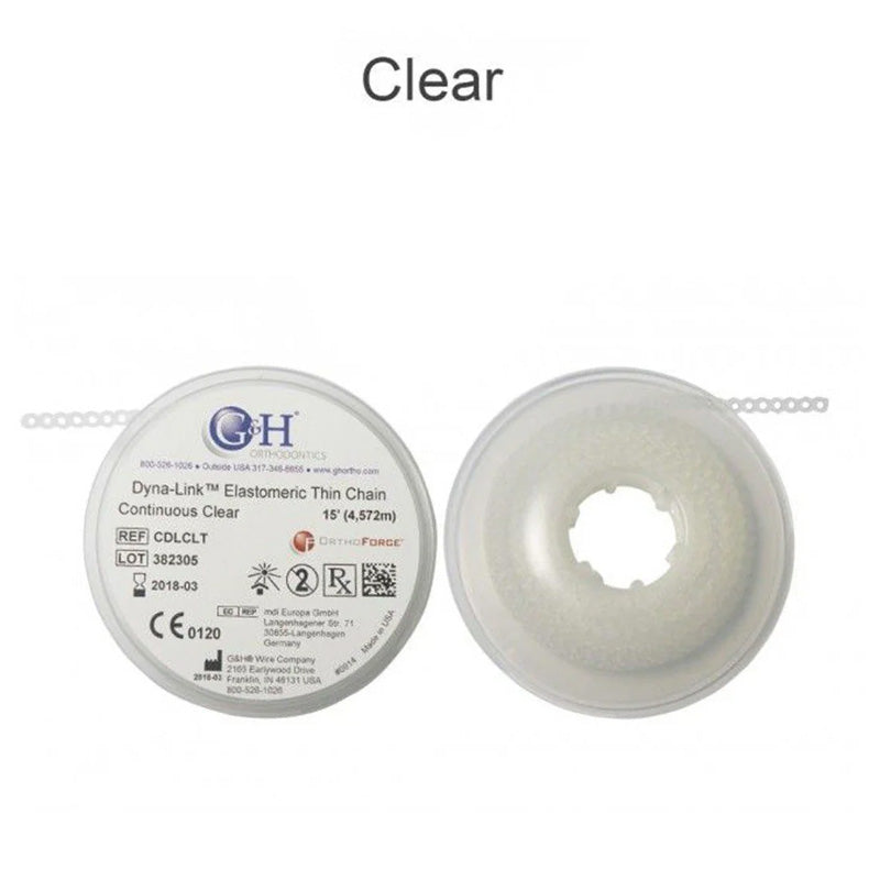G&H Ortho Slim E-Chain 15 ft, silver flexible cable chain for dental or orthodontic use, shown in a close-up image.