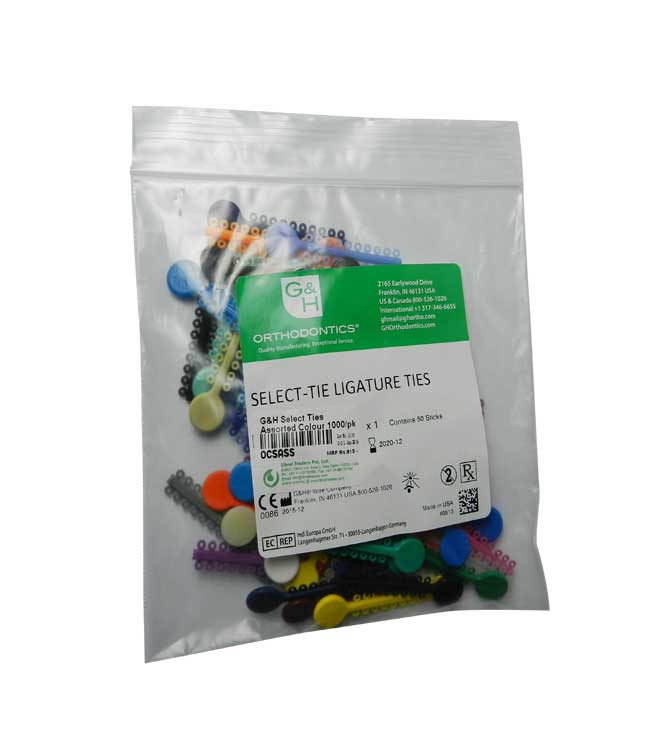 G&H Ortho G&H Select Elastomeric Ligature Ties in white, set of 1000, used for orthodontic dental braces.