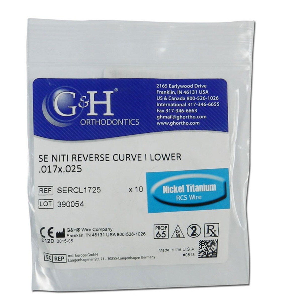 G&H Ortho Nickel Titanium Wires, G&H Reverse Curve Niti Regular Wire for orthodontic treatment, shown in a close-up image.