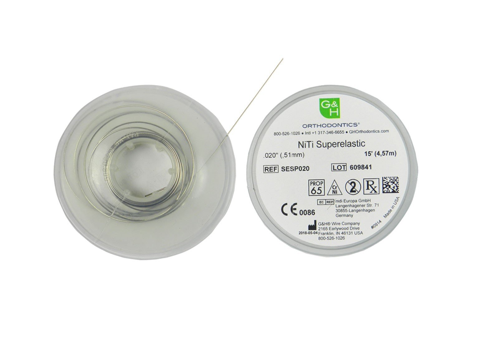 G&H Ortho nickel titanium Niti wire spool, 15 ft, flexible orthodontic wire for dental braces and appliances.