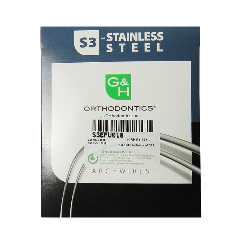 G&H Ortho S3 304 stainless steel wire Euroform for orthodontic use, shown in upper arch with smooth metallic finish.