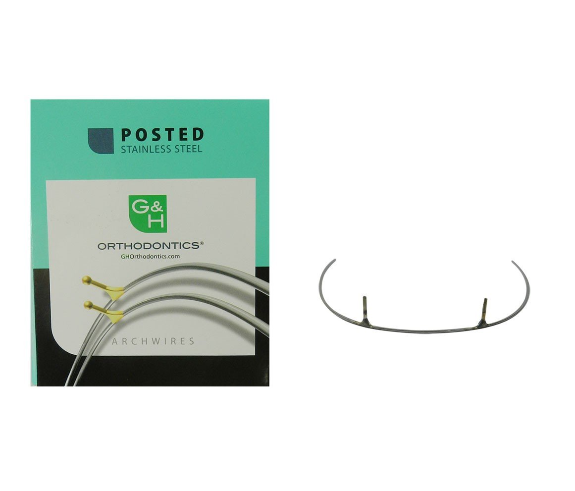 G&H Ortho stainless steel posted wire, 0.017 x 0.025 inches, 38mm length, used for orthodontic braces and dental applications